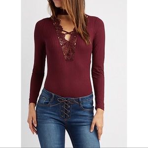 Stunning Long Sleeve Maroon Lace Trim Bodysuit